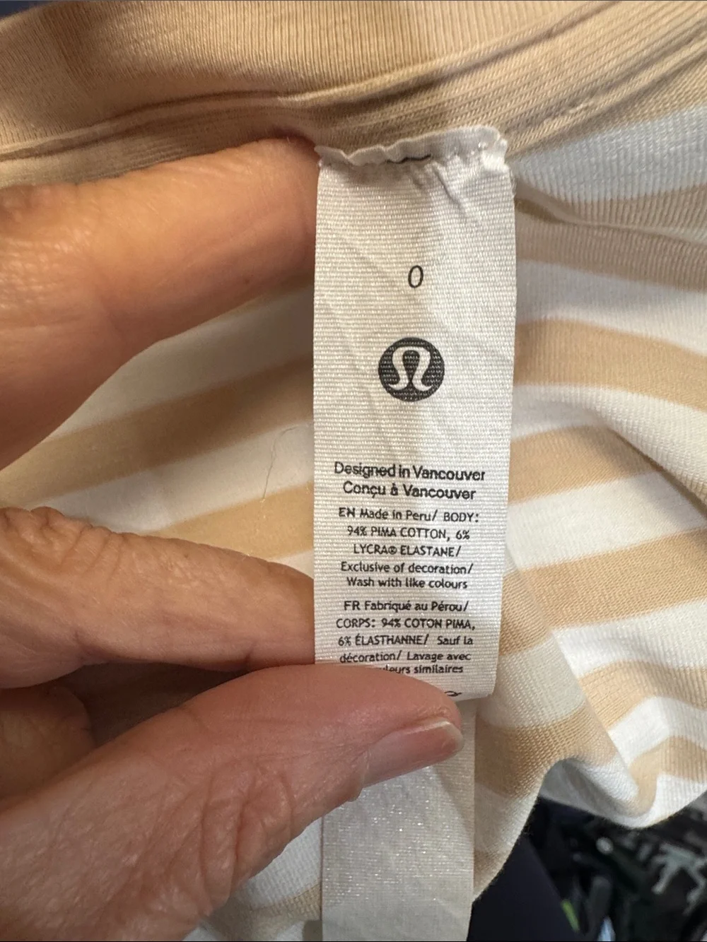 lululemon athletica Beige and White Striped Short Sleeve Crewneck Tee